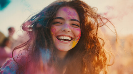 Naklejka premium Joyful Young Indian Woman Celebrating Holi Festival with Vibrant Color Powder Explosion