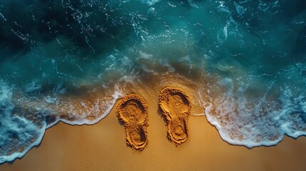Golden sand footprints, leading along the ocean, represent the choice of direction and the fear of better options fobo in decision making.