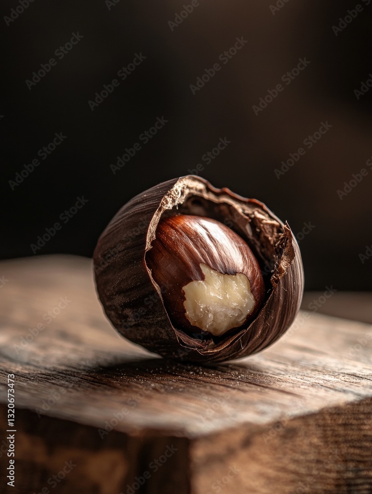 Poster close-up of a hazelnut on a wooden surface. the nut is in the center of the image, with its shell fa