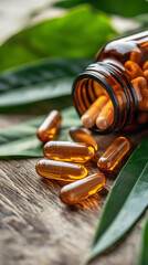 Natural food supplements in capsules on wooden background,  surrounded by green leaves. Vitamins.  Health concept. 