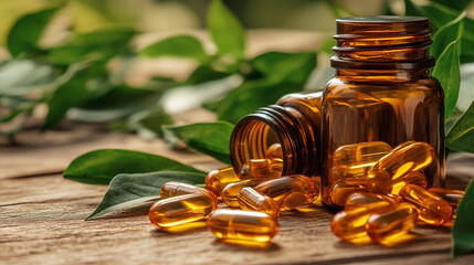 Natural food supplements in capsules on wooden background,  surrounded by green leaves. Vitamins.  Health concept. 