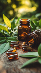 Natural food supplements in capsules on wooden background,  surrounded by green leaves. Vitamins.  Health concept. 