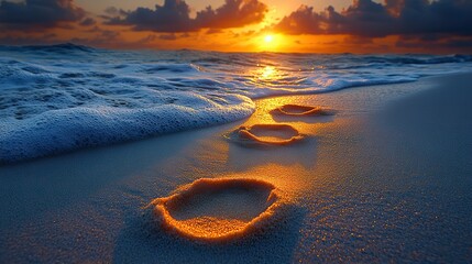 Golden sand footprints, leading along the ocean, represent the choice of direction and the fear of better options fobo in decision making.