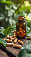 Natural food supplements in capsules on wooden background,  surrounded by green leaves. Vitamins.  Health concept. 