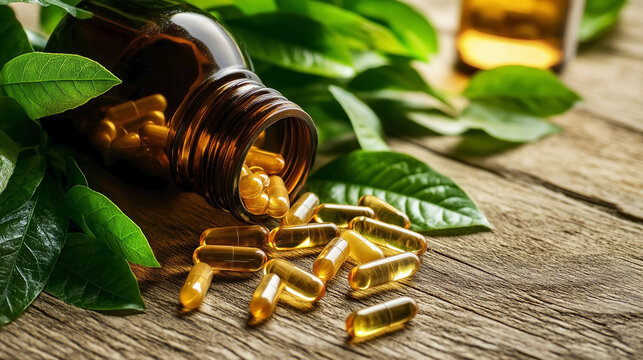 Natural food supplements in capsules on wooden background,  surrounded by green leaves. Vitamins.  Health concept. 