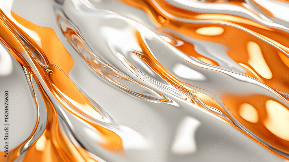 Poster a close-up of flowing metallic textures in silver and orange, showcasing smooth waves and reflection