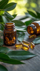 Natural food supplements in capsules on wooden background,  surrounded by green leaves. Vitamins.  Health concept. 