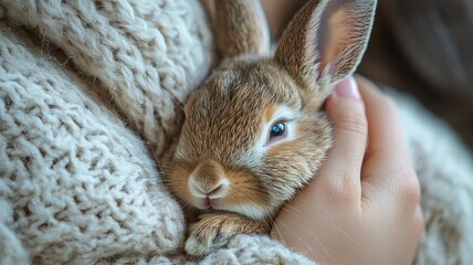 National pet day with playful and love idea. Cozy rabbit being held in a warm embrace.