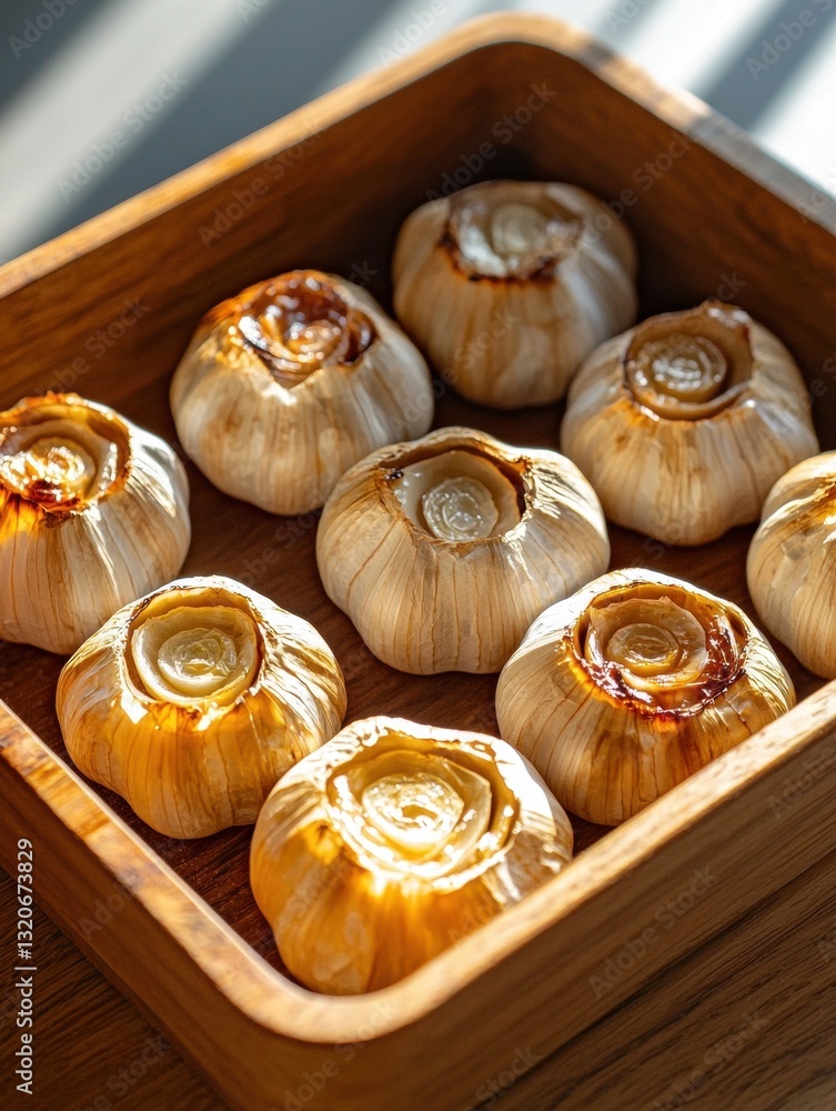 Poster wooden tray filled with small, round, white mushrooms. the mushrooms are arranged in a circular patt