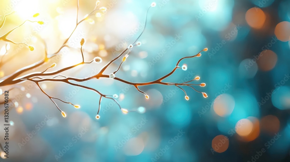 Poster glittering branch with colorful bokeh background