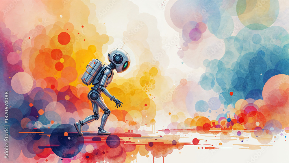 Aufkleber futuristic robot running on watercolor background . generative ai