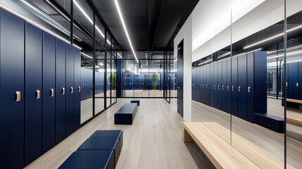 Obraz premium Modern gym locker room with blue lockers, benches, and mirrored walls. Stylish interior design for fitness and wellness facilities