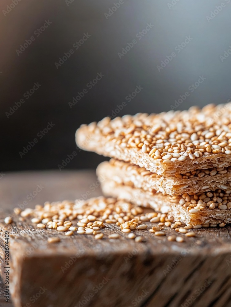 Poster stack of three sesame crackers on a wooden surface. the crackers are golden brown in color and have 