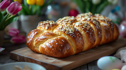 A delicious braided Easter bread with a glossy sugar glaze and almond topping, served on a wooden board with a background of Easter decorations and a vase of tulips in bloom.A delicious braided Easter
