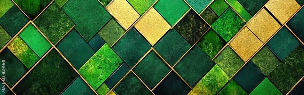 Poster textured geometric pattern featuring interlocking shapes in rich green and gold tones for contempora