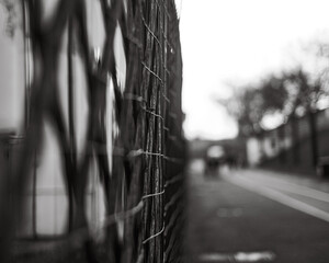 Blurred street view through a metal fence, capturing depth with selective focus in soft monochrome tones.