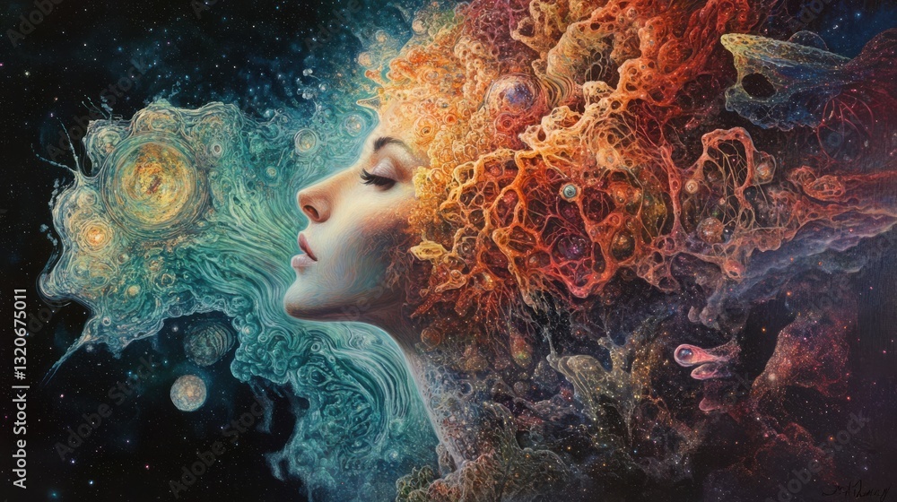 Aufkleber Surreal glowing representation of a woman's profile surrounded by cosmic elements and vibrant colors in a dreamlike setting