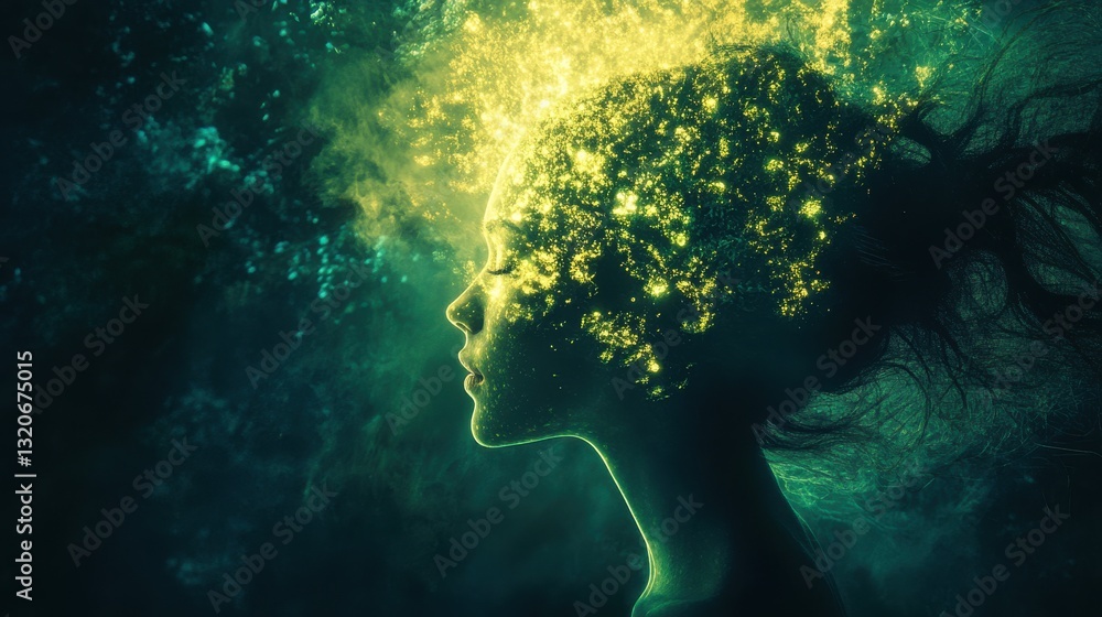 Poster surreal representation of a glowing woman amidst a mystical backdrop creating a dreamlike atmosphere