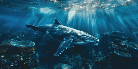Fototapeta premium Majestic whale swimming gracefully under sunlit ocean waters, surrounded by vibrant marine life and stunning underwater scenery.