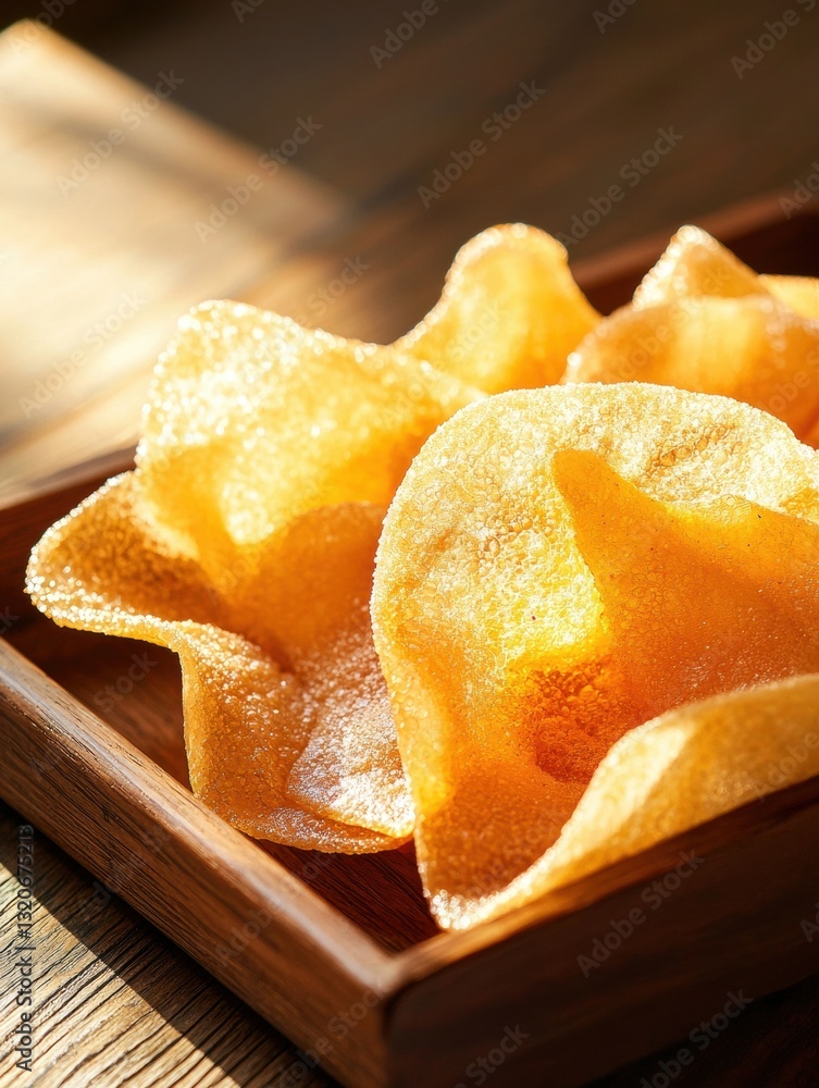Poster wooden tray filled with orange-colored chips. the chips are arranged in a circular pattern and appea