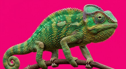 Naklejka premium Vibrant Chameleon on Pink: A Striking Close-Up