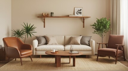 Modern Minimalist Living Room Interior Design: Beige and Brown Tones