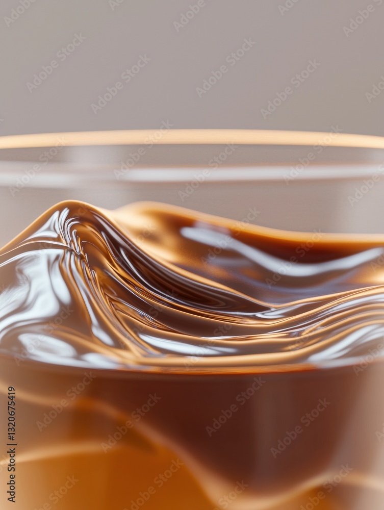 Poster close-up of a glass of liquid. the liquid appears to be a dark brown color and has a smooth texture.