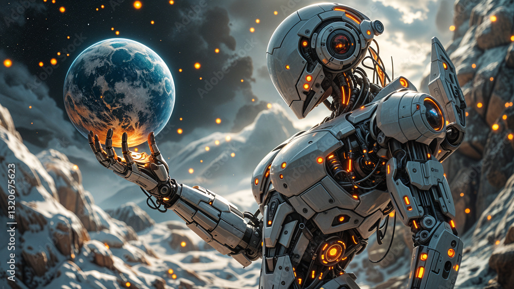 Poster creative visualization of artificial intelligence that has taken over the world, the ruler of the un