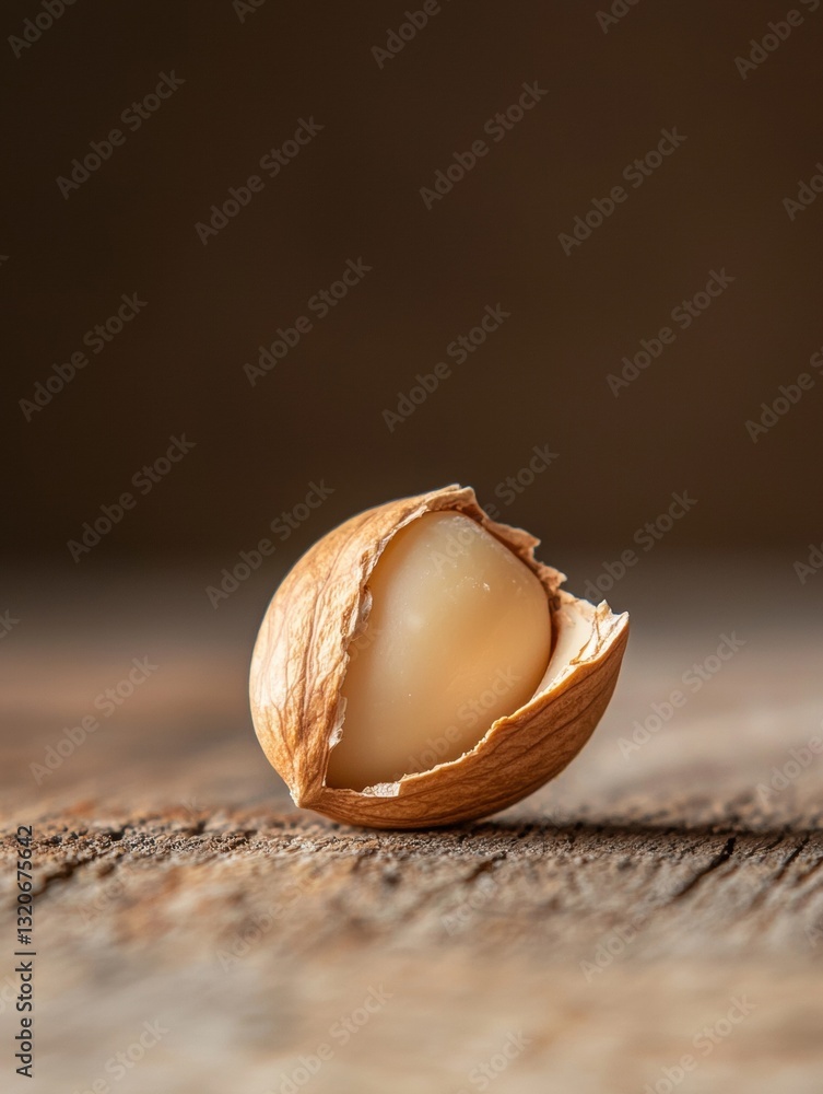 Poster close-up of a single hazelnut on a wooden surface. the nut is in the center of the image, with its s