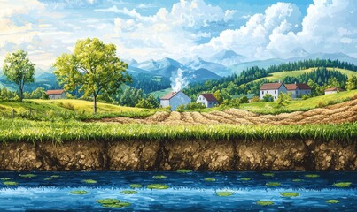 Tranquil farming scene rural landscape digital art natural beauty