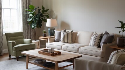 Serene Living Room Interior Design:  A calming space with natural light and neutral tones.