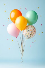 Floating pastel colored helium balloons with confetti on a soft blue background symbolizing joy happiness and carefree celebration in a cheerful visual