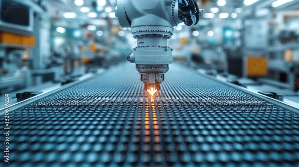 Poster a robotic arm uses a precision laser to cut materials on a conveyor belt in a modern manufacturing f