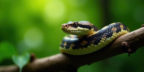 Fototapeta premium A mesmerizing reptile, coiled elegantly on a branch, basks in the soft, verdant light of a lush natural habitat