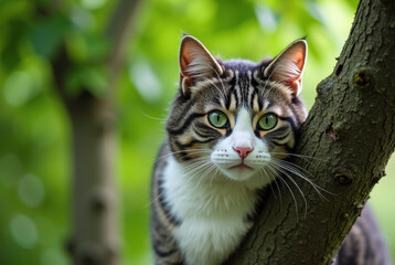 A cat perched on a tree branch looking at the camera