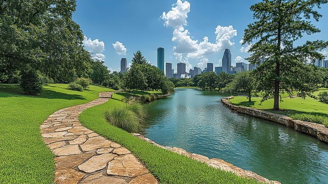 Hermann Park stretches beneath Houston's skyline, with blue sky and clouds.