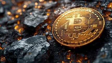 Hovering over a dark, textured surface, the golden bitcoin represents the volatile cryptocurrency and decentralized finance world.