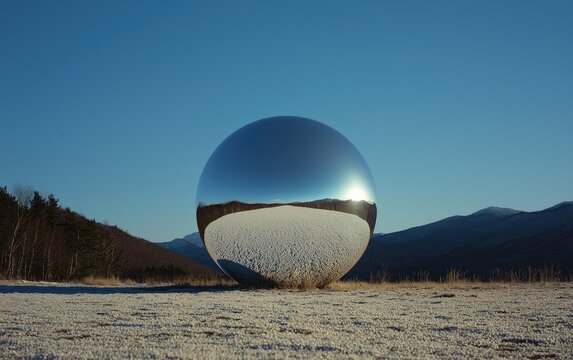A large, reflective silver sphere sits in a snowy landscape against a clear blue sky. Mountains are visible in the background. The sphere reflects the sun and the surrounding environment