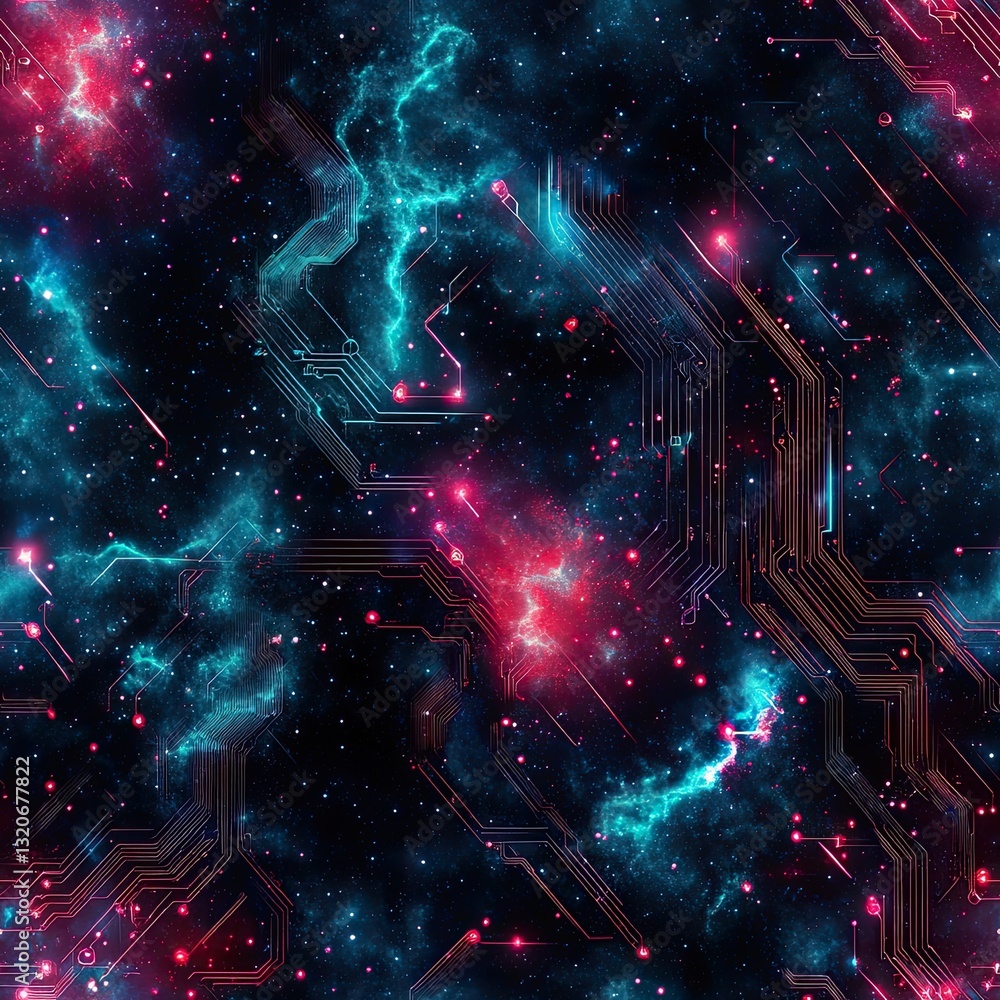 Poster futuristic nebula seamless pattern glowing circuitry texture design