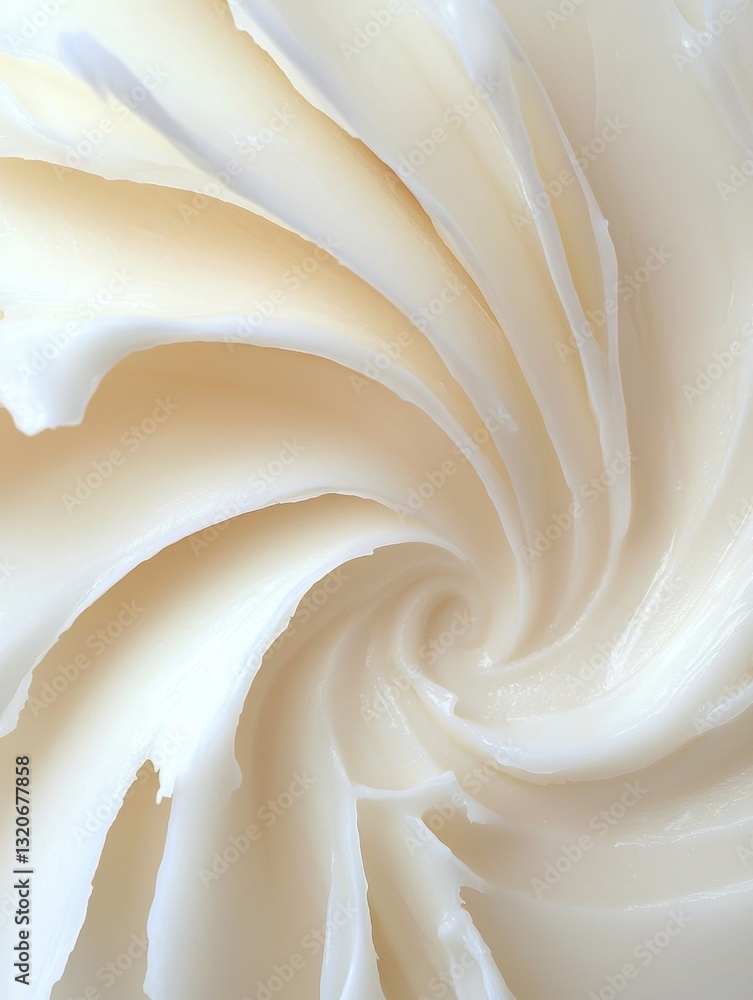 Poster close-up of a swirl of white frosting. the frosting appears to be smooth and creamy, with a smooth t