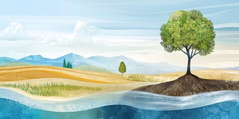 Nature scene with tree by water countryside landscape art