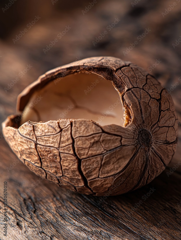Poster close-up of a walnut shell on a wooden surface. the walnut is open, revealing the interior of the sh