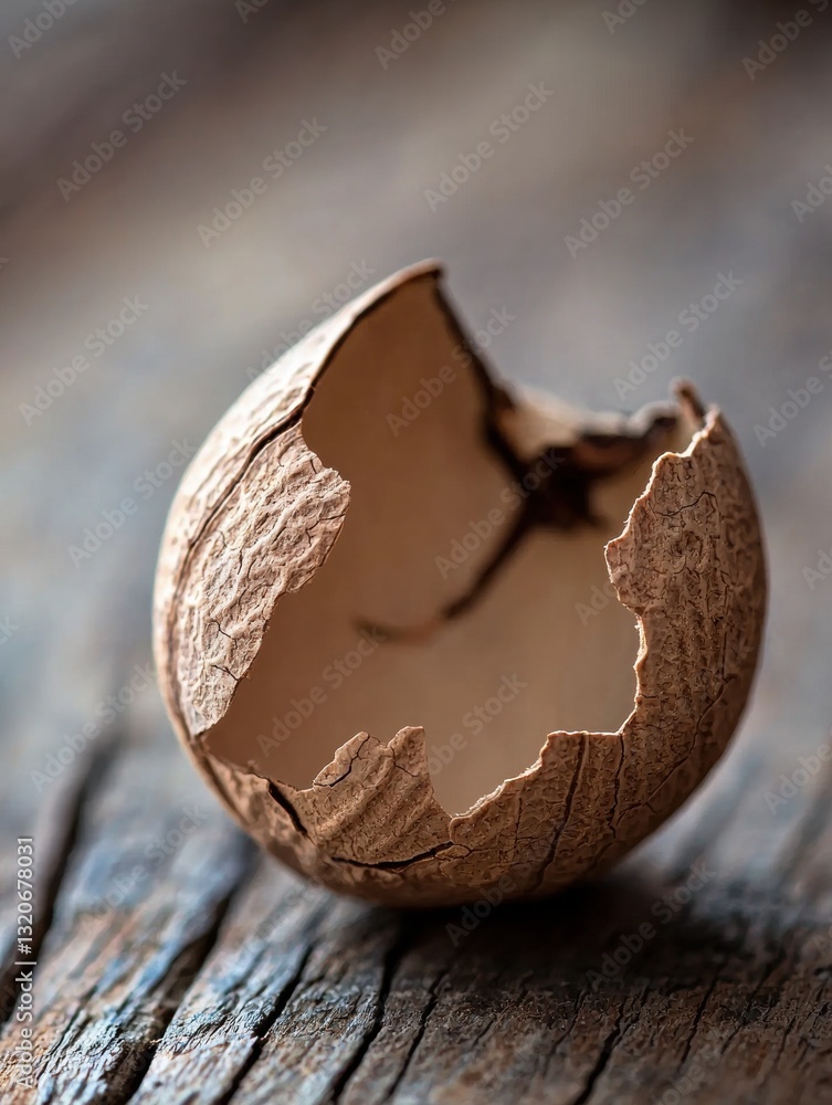 Poster close-up of a cracked eggshell on a wooden surface. the eggshell is light brown in color and appears