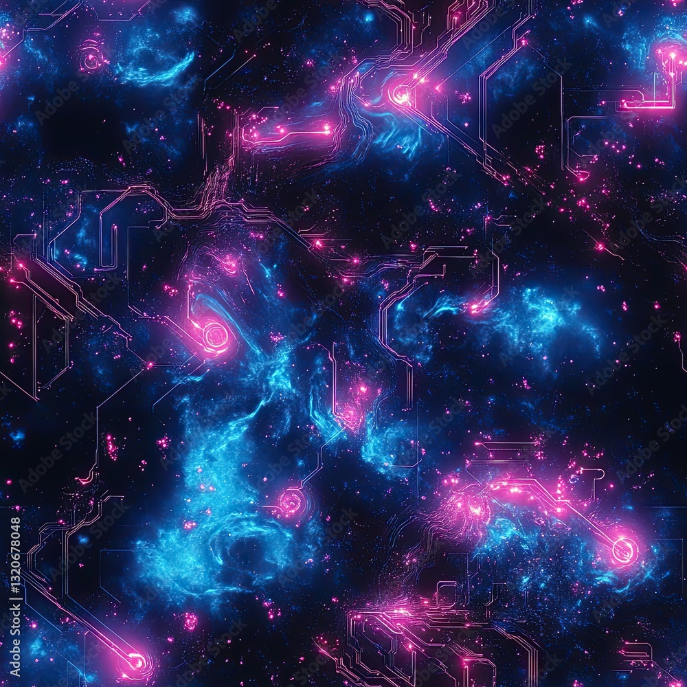 Aufkleber futuristic nebula seamless pattern glowing circuitry texture design