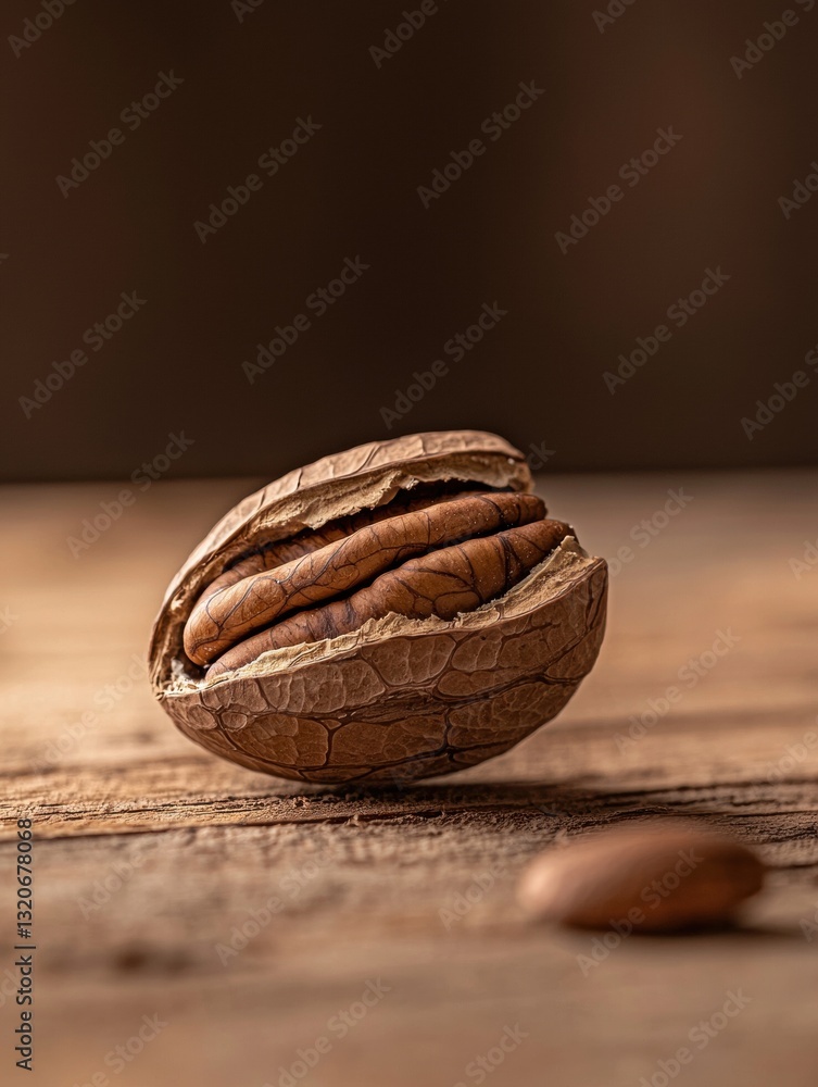 Poster close-up of a single walnut on a wooden surface. the walnut is in the center of the image, with its 