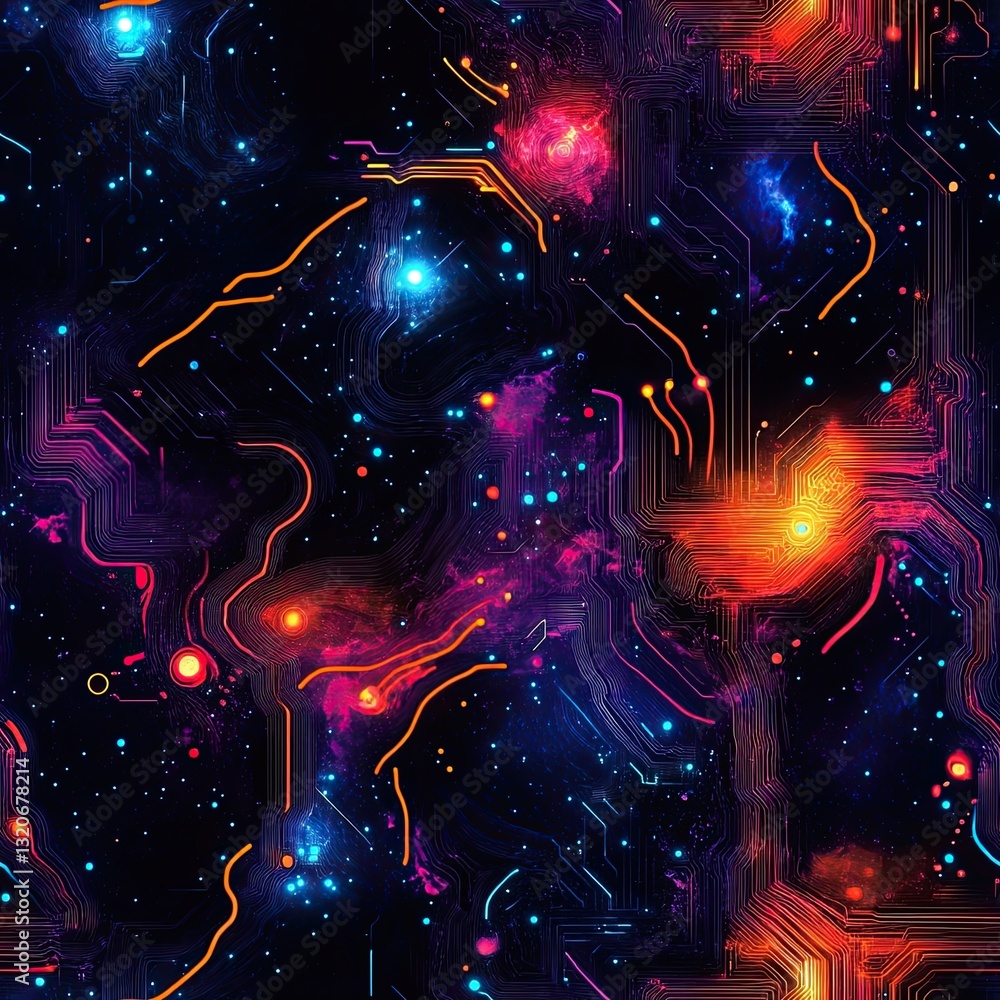 Poster futuristic nebula seamless pattern glowing circuitry texture design