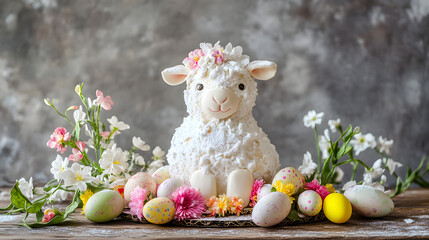 A festive Easter lamb crafted from golden buttery dough, dusted with a generous layer of powdered sugar, perfect for your holiday dessert table.