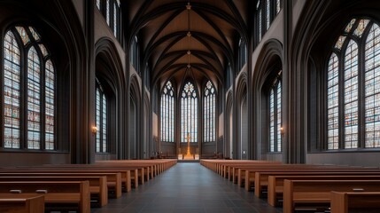Fototapeta premium Grand Gothic cathedral interior with towering stained glass windows and wooden pews, sacred and historic atmosphere