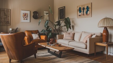 Fototapeta premium Mid-Century Modern Living Room Interior Design