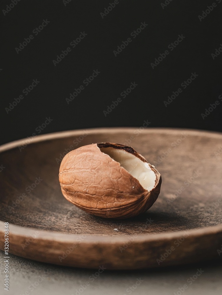 Poster close-up of a single walnut on a wooden plate. the walnut is in the center of the plate, with its sh